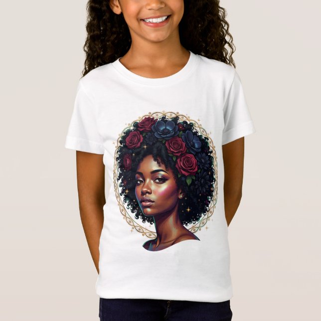 Svart kvinna Mörka blommor Afro T Shirt (Framsida)