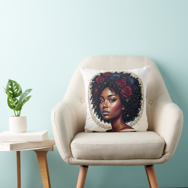 Svart kvinna Mörkt blommigt Afro Kudde (Stol)
