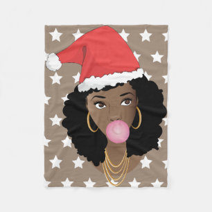 Svart kvinna, Red Santa Hat, Bubblegum, White Star Fleecefilt