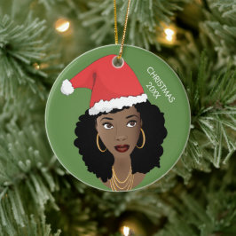 Svart kvinna, Red Santa Hat, innevarande år, Grönt Julgransprydnad Keramik