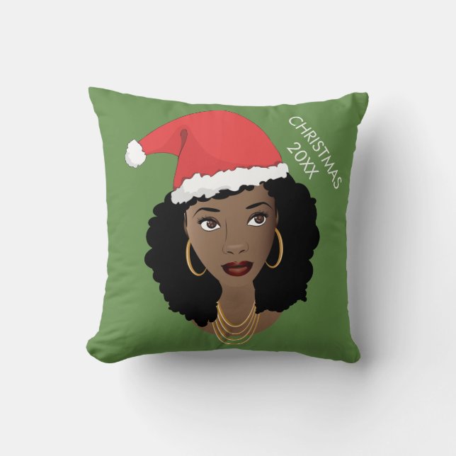 Svart kvinna, Red Santa Hat, innevarande år, Grönt Kudde (Framsida)