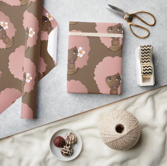 Svart kvinna, Rosa Afro med blomma, brun Presentpapper (Hantverk)