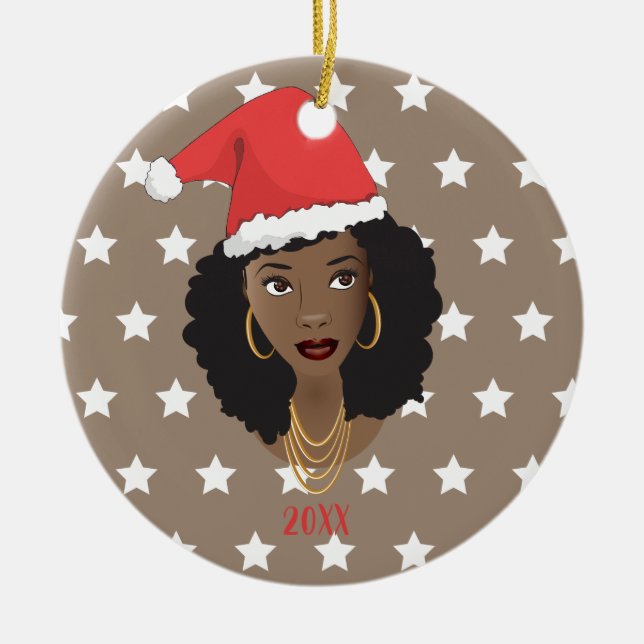 Svart kvinna, Santa Hat, White Stars Mönster, Brow Julgransprydnad Keramik (Framsidan)
