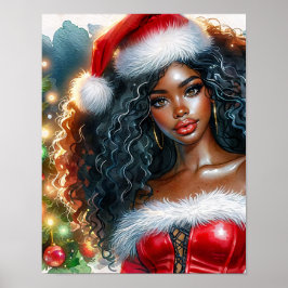 Svart kvinna utklädd som tomte med julgran poster