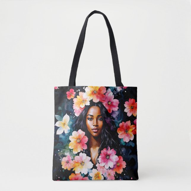 Svart kvinnlig blomkonst tygkasse (Framsida)