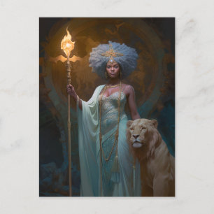 Svart kvinnlig drottning med Lejon Fantasy Art Vykort