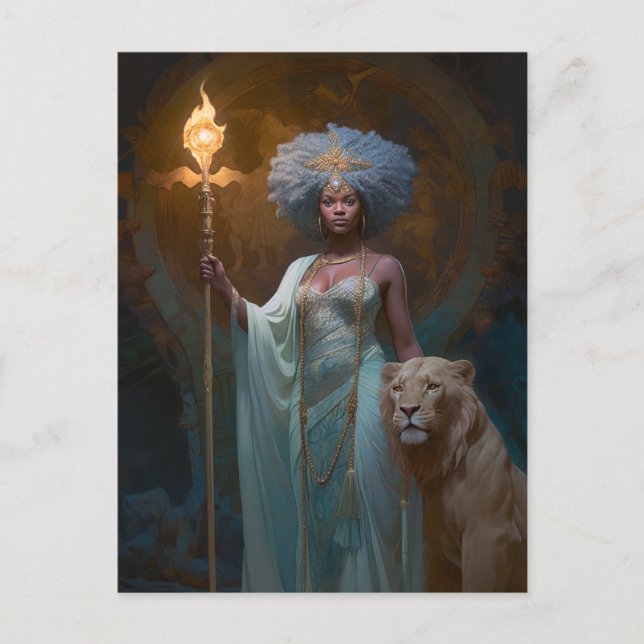 Svart kvinnlig drottning med Lejon Fantasy Art Vykort (Framsida)