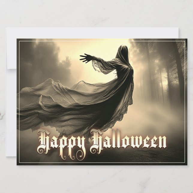 Svart kvinnlig spöke i helveteslandskap - Hallowee (Framsida)