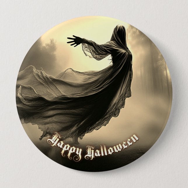Svart kvinnlig spöke i helveteslandskap - Hallowee Knapp (Framsida)