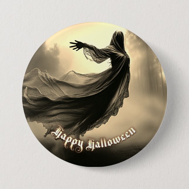 Svart kvinnlig spöke i helveteslandskap - Hallowee Knapp (Framsida)