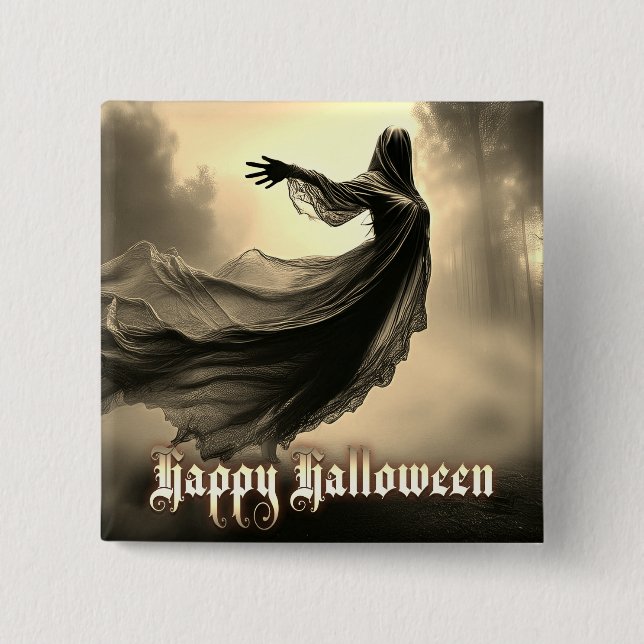 Svart kvinnlig spöke i helveteslandskap - Hallowee Knapp (Framsida)