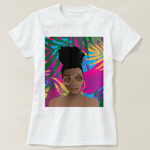 Svart kvinnor med solglasögon, tropiska färgade Lö T Shirt
