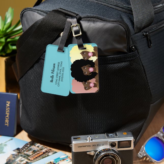 Svart kvinnovänner, Bubblegum, Naturhår, blå Bagagebricka (Fram & Baksida)