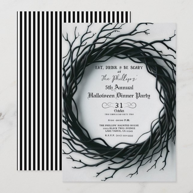 Svart kvist Elegant höst Halloween middagskväll Inbjudningar (Fram/baksida)