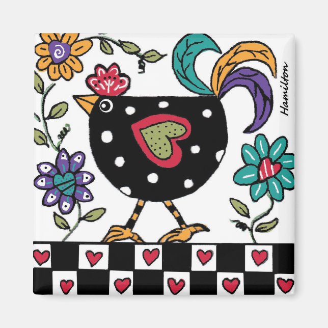 Svart kycklingmagnet magnet (Framsidan)