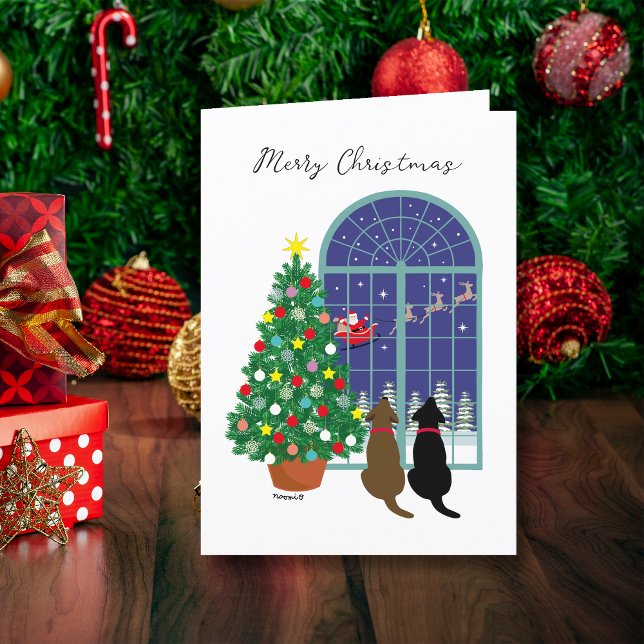 Svart lab, choklad Lab Magisk Nattjul Helgkort (Black Lab, Chocolate Lab magical night Christmas Cards for Labrador Owners.  Santa Claus in the sky.)