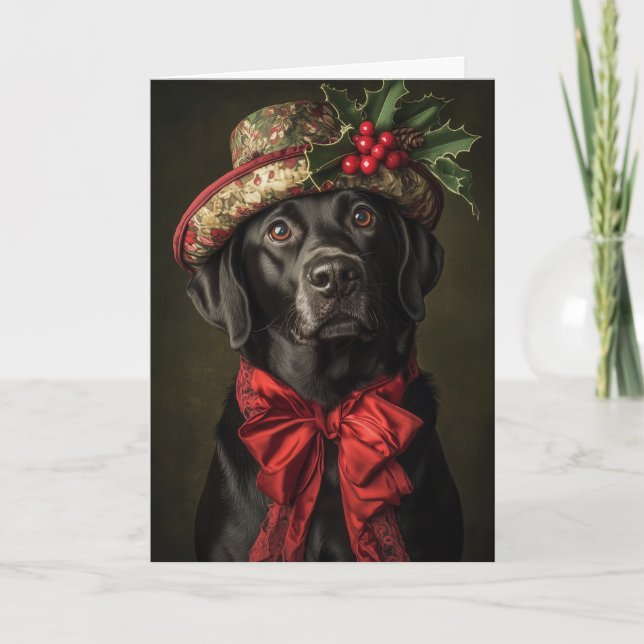Svart Lab Christmas-kort Elegant Viktoriansk Hund Helgkort (Framsida)