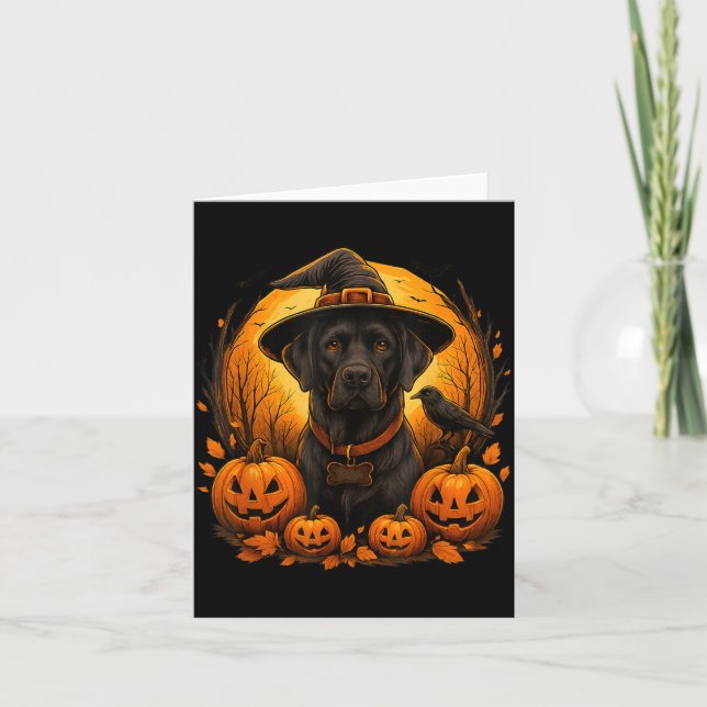 Svart Lab Halloween Häxa Hatt Labrador Hund Pumpa Kort (Framsida)