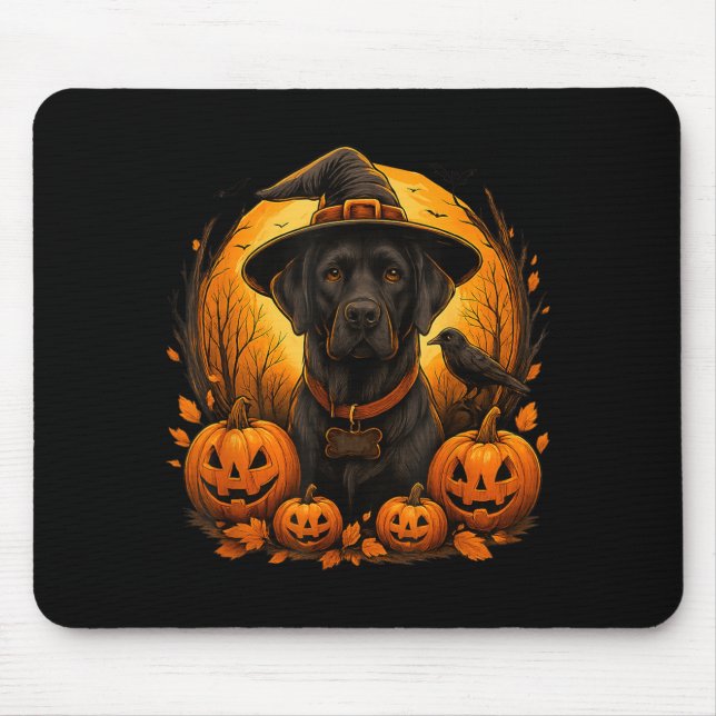Svart Lab Halloween Häxa Hatt Labrador Hund Pumpa Musmatta (Framsidan)