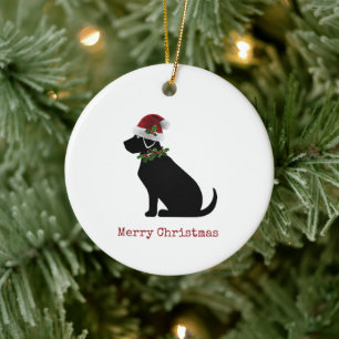 Svart lab Hund God jul Santa Hat Holly-Roligten Julgransprydnad Keramik