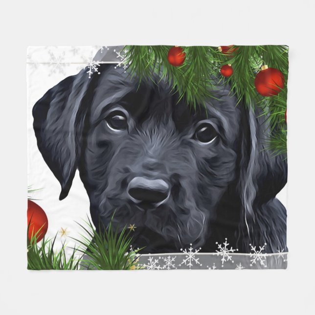 Svart lab jul - Cute Hund Puppy Labrador Fleecefilt (Framsidan (Horisontell))