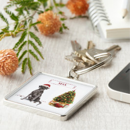 Svart lab julafton Hund och Träd Fyrkantig Silverfärgad Nyckelring