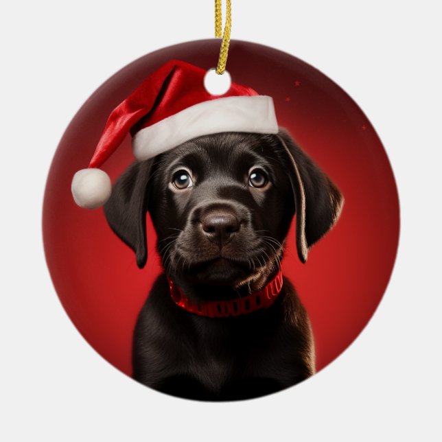 Svart lab marionett i Santa Hat Julgransprydnad Keramik (Framsidan)
