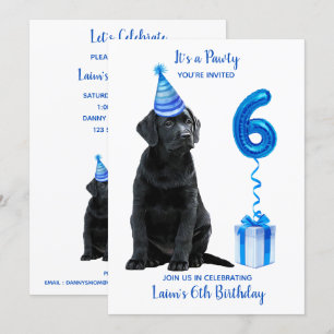 Svart lab marionetttema 6e Birthday Blue Boy Pawty Inbjudningar