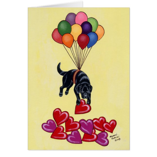 Svart lab och hjärtor hälsningskort (Framsidan)
