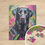 Svart lab Porträtt-modern konst Pussel<br><div class="desc">En slående modern konst porträtt av ett svart lab föremål mot abstraktens rosa och gröntens blommigt i trädgården. Hund mörk silhuett står vackert i kontrast till trädgårdens pulserande, virvelande färg, blandning av natur och djur i en uttrycklig contemporary stil. Abstraktens penseldrag skapar en känsla av rörelse och energi, skapar detta...</div>