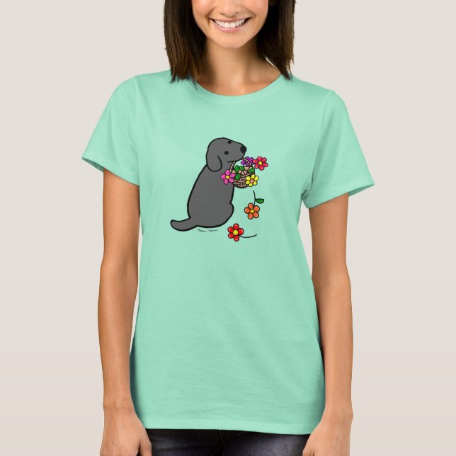 Svart lab Puppy Flower Basket Tecknad Tee Shirt (Framsida)