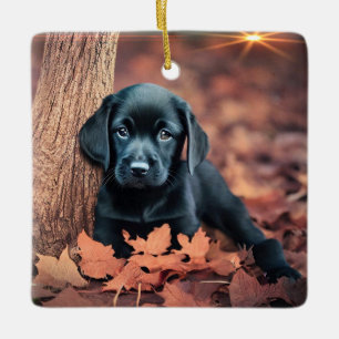 Svart Lab Puppy Julgransprydnad Keramik