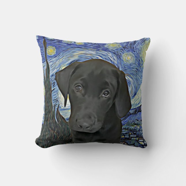 svart lab Puppy Starry Night Van Gogh Inspired  Kudde (Framsida)