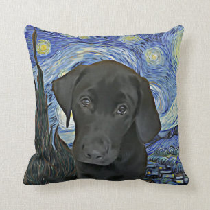 svart lab Puppy Starry Night Van Gogh Inspired  Kudde
