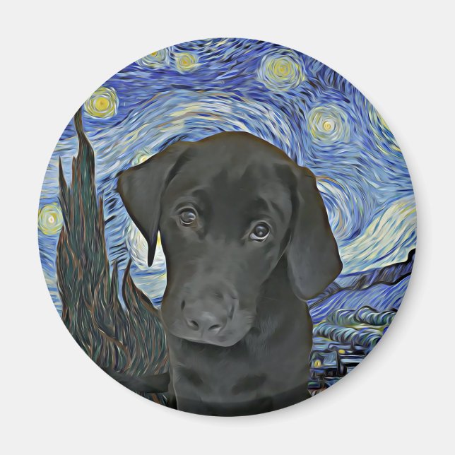 svart lab Puppy Starry Night Van Gogh Inspired Magnet (Framsidan)