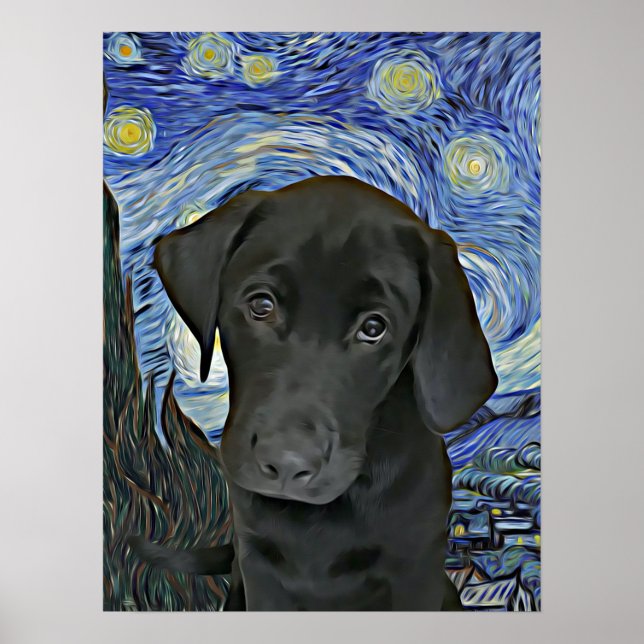 Svart lab Puppy Starry Night Van Gogh Inspired Poster (Framsidan)