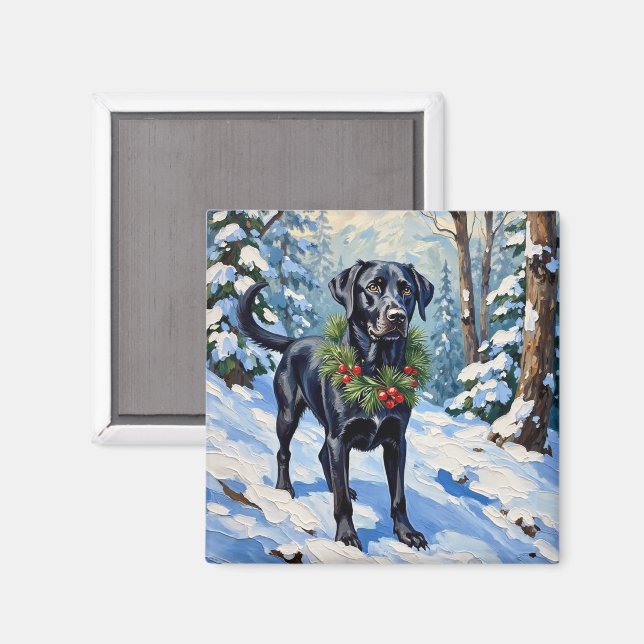 Svart Lab Stillhetens Vinter Skog Jul Högtid Magnet (Front/Back)