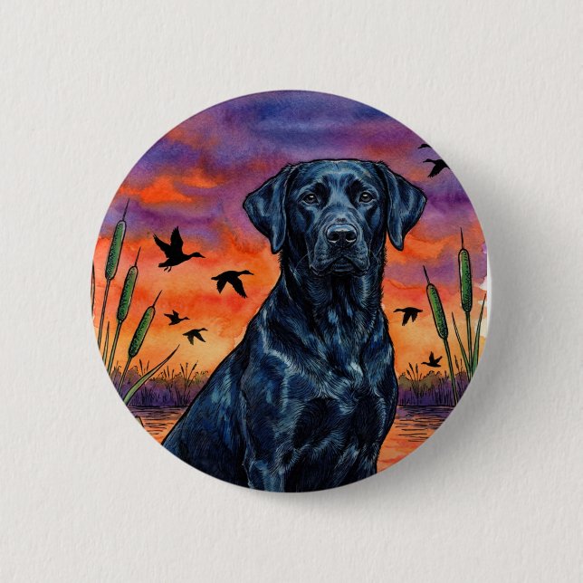Svart Lab Sunset Duck Hunting Pinback-knapp Knapp (Framsida)