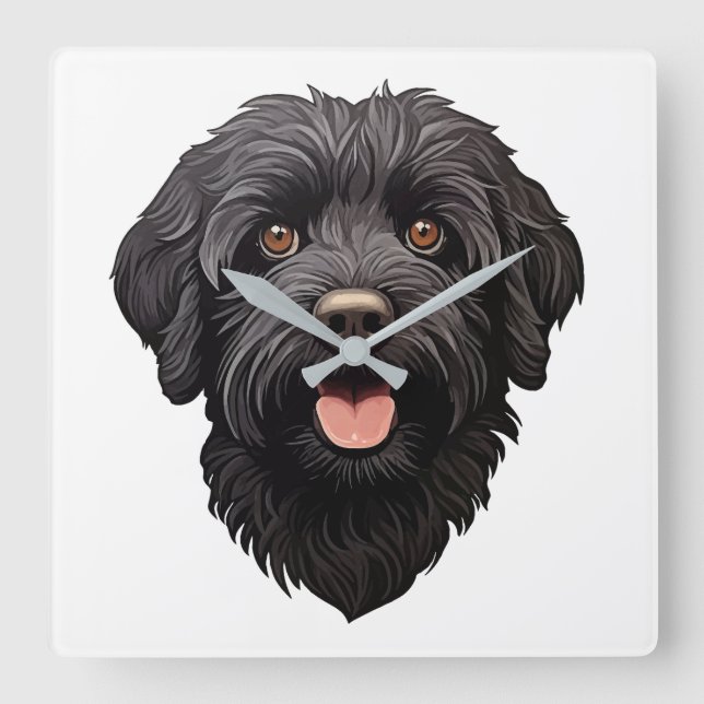 Svart Labradoodle Hund Fyrkantig Klocka (Framsida)