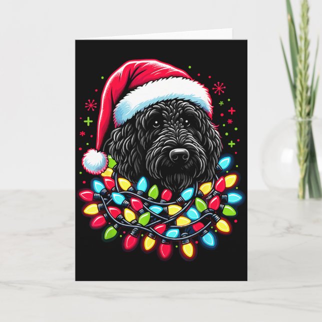 Svart Labradoodle Julgran Xmas Ljus Doodl Kort (Framsida)
