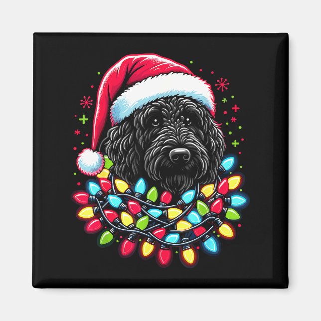 Svart Labradoodle Julgran Xmas Ljus Doodl Magnet (Framsidan)