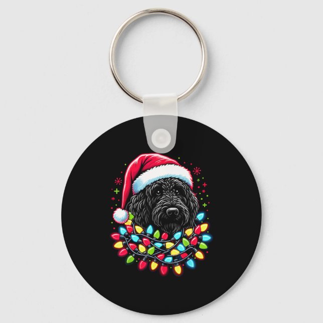 Svart Labradoodle Julgran Xmas Ljus Doodl Nyckelring (Framsida)