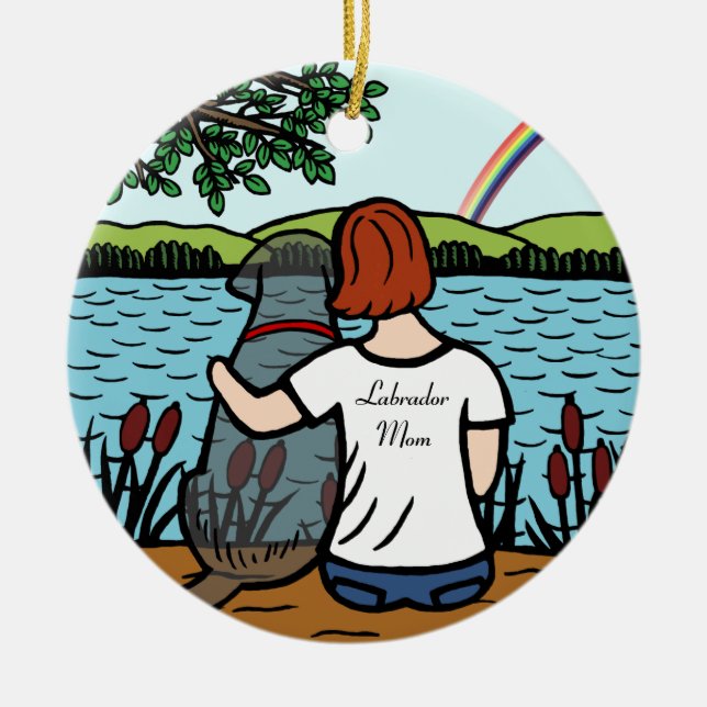 Svart Labrador ängel och mamma 2 Julgransprydnad Keramik (Framsidan)
