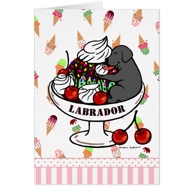 Svart Labrador & glassSundae Hälsningskort (Framsidan)