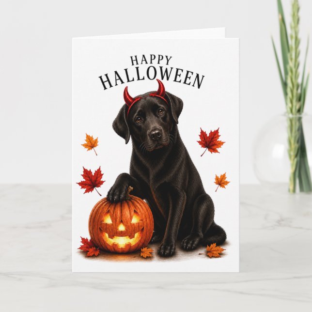Svart Labrador Halloween Djävulshund Kort (Framsida)