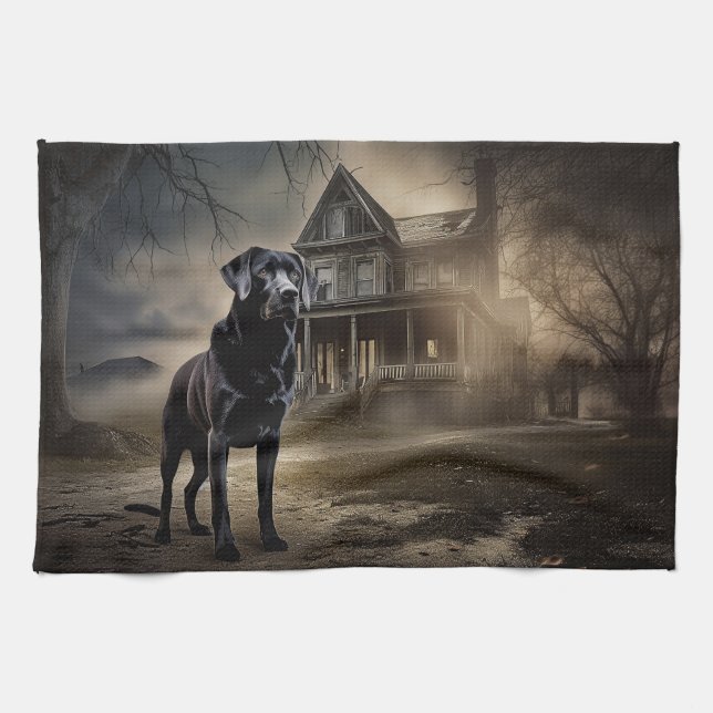 Svart Labrador Halloween Skräck Kökshandduk (Horisontell)