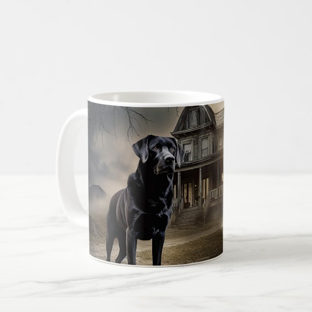 Svart Labrador Halloween Skräckinjagande Kaffemugg (Framsida vänster)