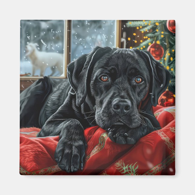 Svart Labrador Hund Jul Festlig Magnet (Framsidan)