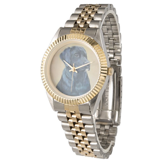 svart labrador hund porträtt originalkonstdesign armbandsur (Vinklad)