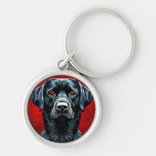 Svart labrador hund rund silverfärgad nyckelring (Framsidan)